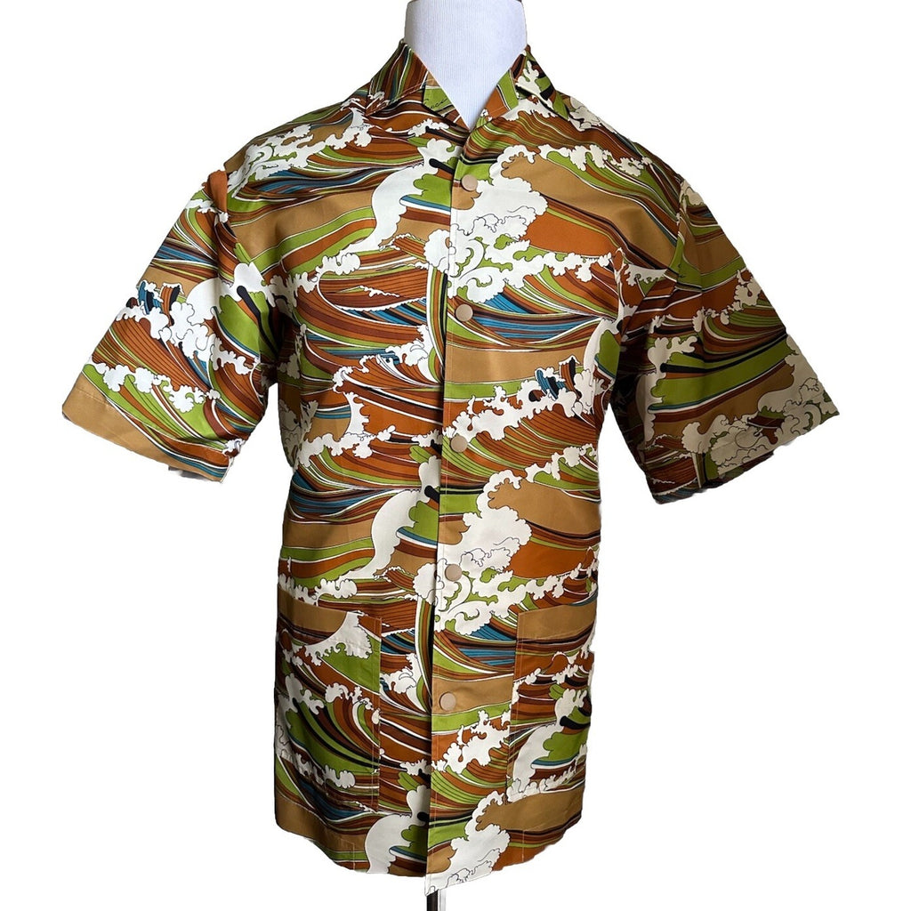 Gucci Men’s waves print fabric bowling Shirt Green/Multi 52 Eu/XL New $1600
