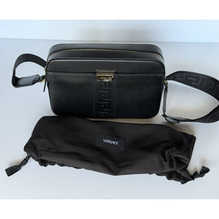Versace Embossed Greek Key Black Crossbody Leather Camera Bag 1020736 NWT $1400