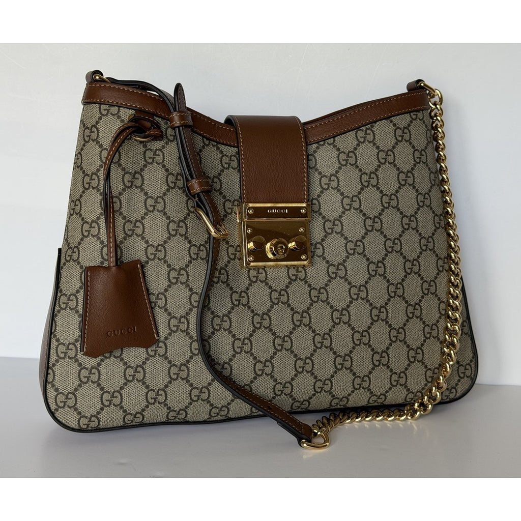 Gucci GG Supreme Padlock Leather/Canvas Brown Medium Shoulder Bag IT 795113 NWT