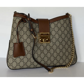 Gucci GG Supreme Padlock Leather/Canvas Brown Medium Shoulder Bag IT 795113 NWT