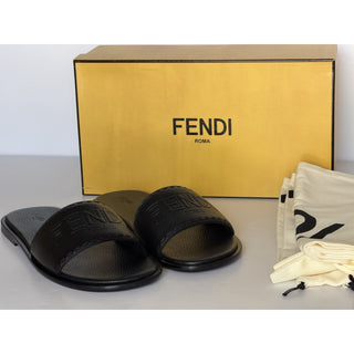 Fendi Roma Logo Leather Slide Sandals Black 12 US (11 Fendi) IT 7X1753 NIB $770