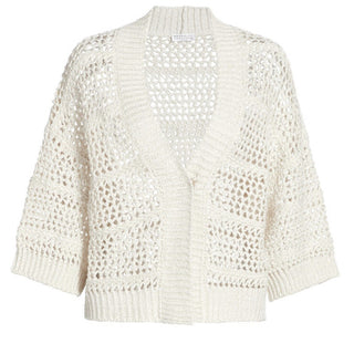 New $2595 Brunello Cucinelli Women Open Weave Cardigan Sweater Color Oatmeal XL