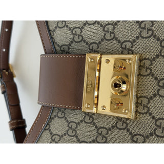 Gucci GG Supreme Padlock Leather/Canvas Brown Medium Shoulder Bag IT 795113 NWT