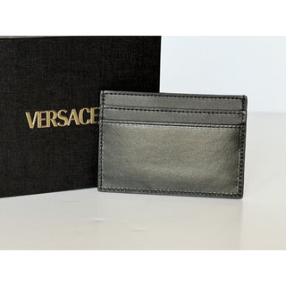 Versace Greca Black Calf Leather Card Case Wallet 1023433 Italy NIB