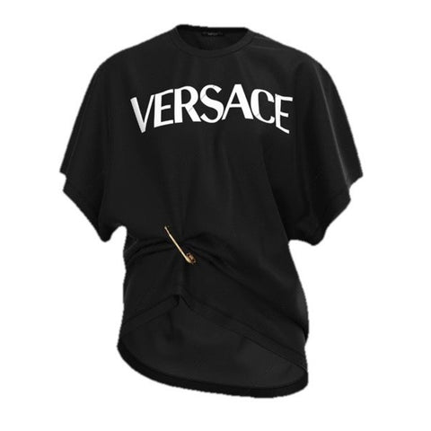 Versace Women's White Logo Jersey Black T-Shirt 8 (44 Euro) 1010260 NWT $750