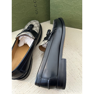 Gucci Mens GG Logo Leather Loafers Shoes Black/Beige 13.5 US/12.5 UK New 673817