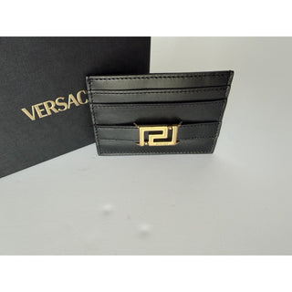 Versace Greca Black Calf Leather Card Case Wallet 1023433 Italy NIB