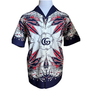 New $1300 Gucci Men’s Double G Bandana Print Shirt Blue/Red/White Size 46/S