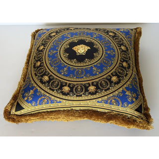 Versace Medusa Baroque 100% Silk Throw Pillow Blue/Gold Fringed IT ZCU505001 NWT