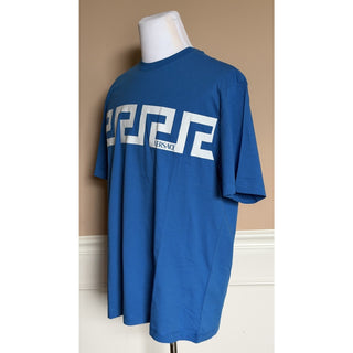 Versace Greek Key Print Cotton Jersey T-Shirt Blue/White 2XL 1014427 NWT
