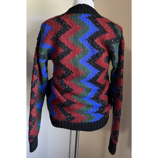 Saint Laurent Men cardigan in zig zag jacquard Black/Red/Multi S New $1550