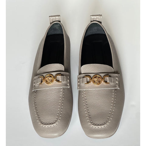 Versace Gold Medusa Men's Gray Leather Driver Shoes 8 US (41 Euro) 1017072 NIB
