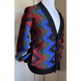 Saint Laurent Men cardigan in zig zag jacquard Black/Red/Multi S New $1550
