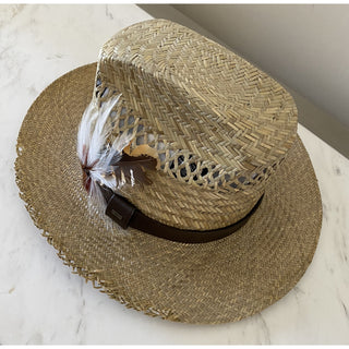 NWT $895 Saint Laurent Straw Cowboy Hat With Leather and Feathers Brown XL