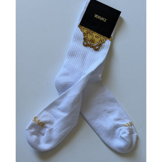 Versace Medusa Head Cotton Athletic Crew Socks White Gold Size Small 1001546 NWT