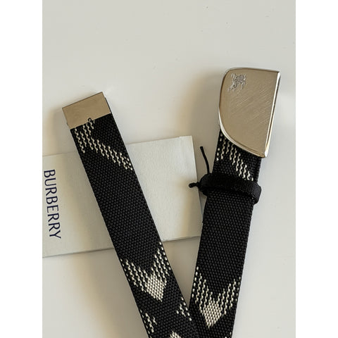 Burberry Silver Metal Buckle Shield Webbing Black Belt 100/40 8087708 NWT $490