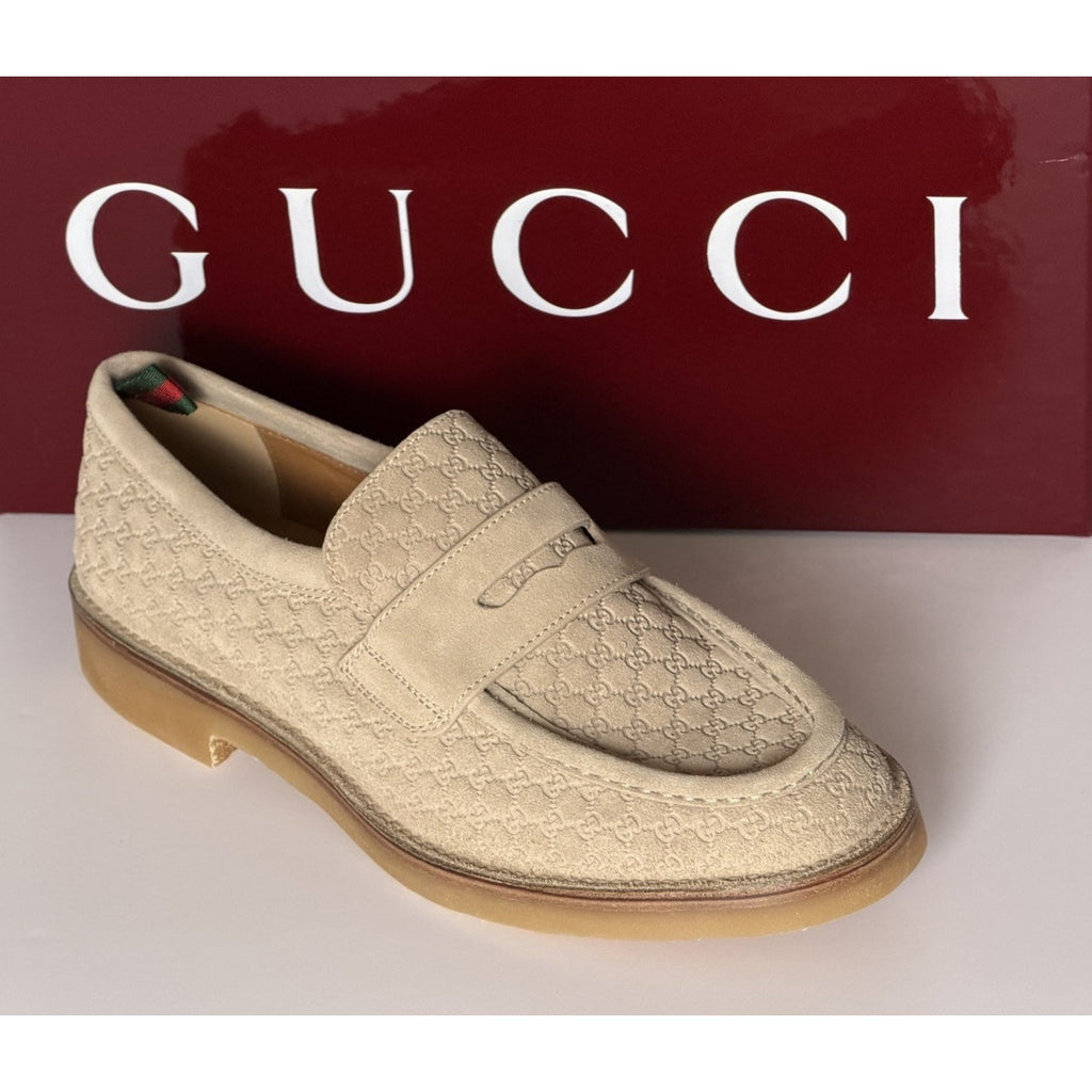 Gucci Mens GG Monogram Suede Loafers Shoes Oatmeal 10 US (9.5 Gucci) 831289 NIB
