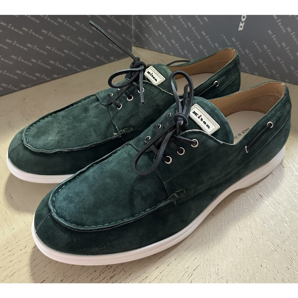 New $1095 Kiton Goatskin Leather Suede Boat Shoes DK Green 9 US/8 UK Italy
