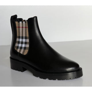 Burberry Check Panel Leather Chelsea Black Boots 8 US (38 Euro) 8042363 NIB $970