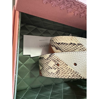 New $1980 Gucci Ostrich Leather/Python GG Marmont Belt Brown/Beige/White 90/36