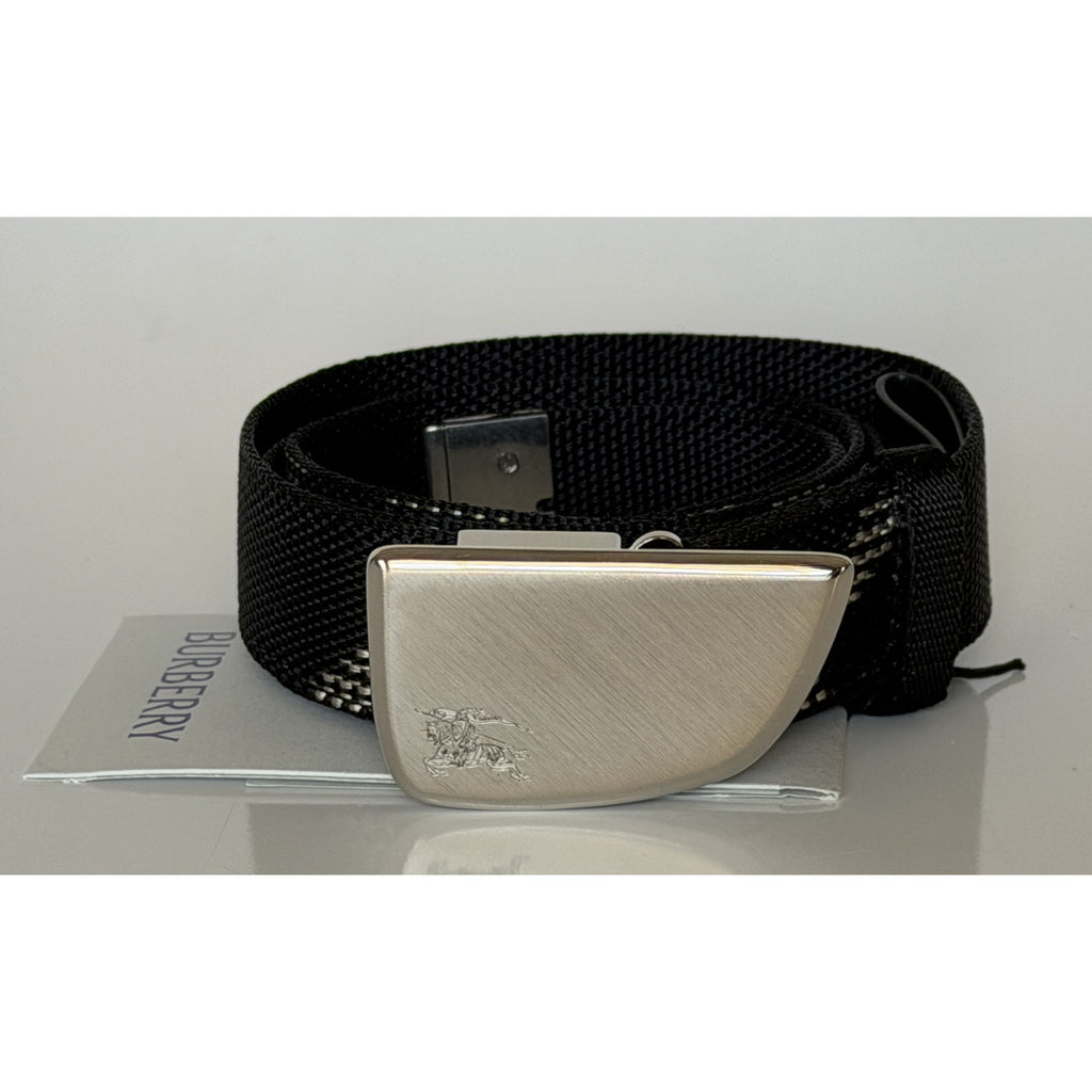 Burberry Silver Metal Buckle Shield Webbing Black Belt 105/42 8087708 NWT $490