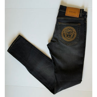 Versace Medusa Embroidered Black Stretch Jeans Men 30 US 1011835 1A13190 NWT