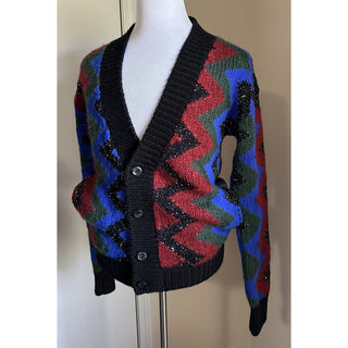 Saint Laurent Men cardigan in zig zag jacquard Black/Red/Multi S New $1550