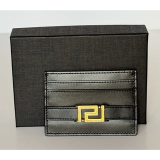 Versace Greca Black Calf Leather Card Case Wallet 1023433 Italy NIB