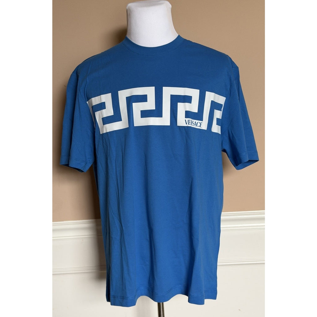 Versace Greek Key Print Cotton Jersey T-Shirt Blue/White 4XL 1014427 NWT