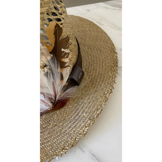 NWT $895 Saint Laurent Straw Cowboy Hat With Leather and Feathers Brown M