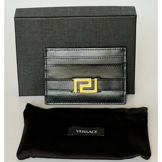Versace Greca Black Calf Leather Card Case Wallet 1023433 Italy NIB