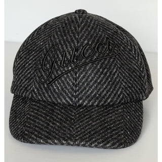 Gucci Herringbone Wool/Silk Baseball Hat Charcoal Logo Cap Size Large 817497 NWT