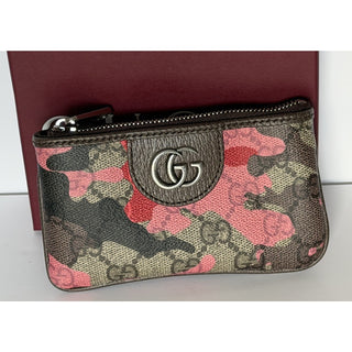 Gucci GG Key Case Pink Red Camo Monogram Zip Pouch 855446 NWT