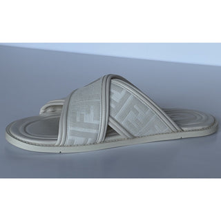 Fendi Men's FF Leather/Fabric Ivory Slide Sandals 12 US/11 UK IT 7X1548 NIB $730