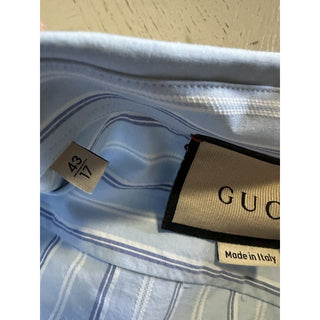New Gucci Men Classic Washed Strips Shirt Azure Blue 43/17