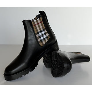Burberry Check Panel Leather Chelsea Black Boots 10.5 US (40.5) 8042363 NIB $970