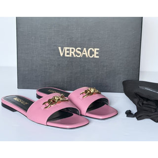 Versace Icon Chain Leather Slide Sandals Strawberry Jam 7 US 37 Eu 1022706 NIB