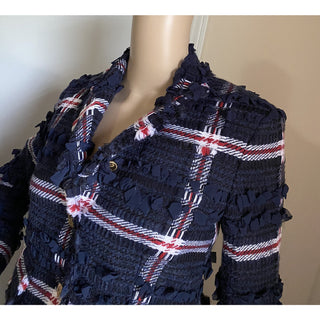 New $4900 Thom Browne Women Plaid Wool-Blend Blazer Jacket Navy 38/2 Italy