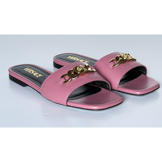 Versace Icon Chain Leather Slide Sandals Strawberry Jam 7 US 37 Eu 1022706 NIB