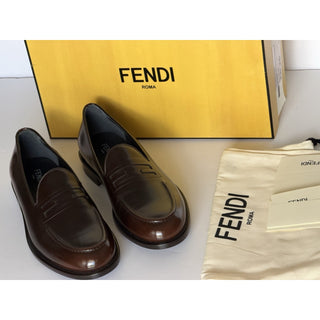 Fendi FF Penny Loafers Brown Calf Leather Men 9 US (8 Fendi) 7D1645 NIB $1250