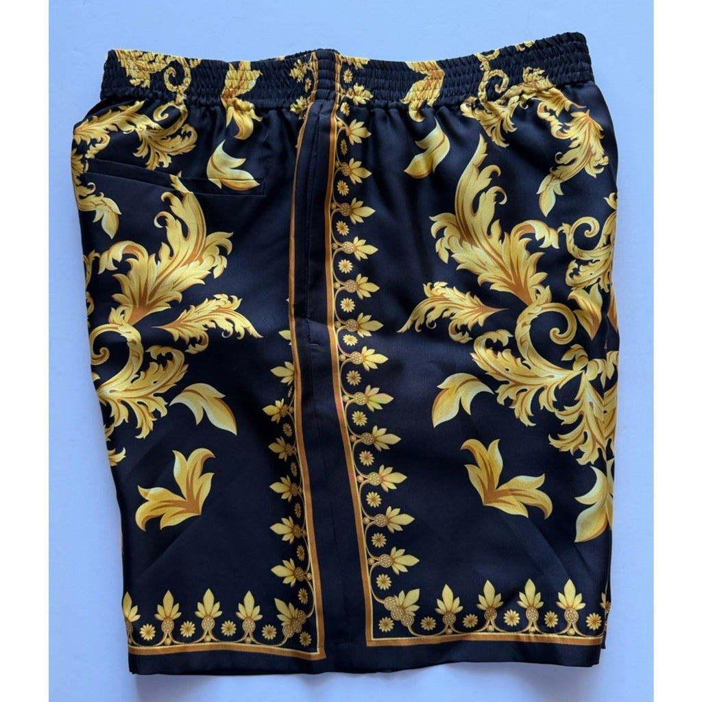 Versace Leaf Print Men's Black&Gold Silk Shorts 52 Euro (32”) 1010119 NWT $1200