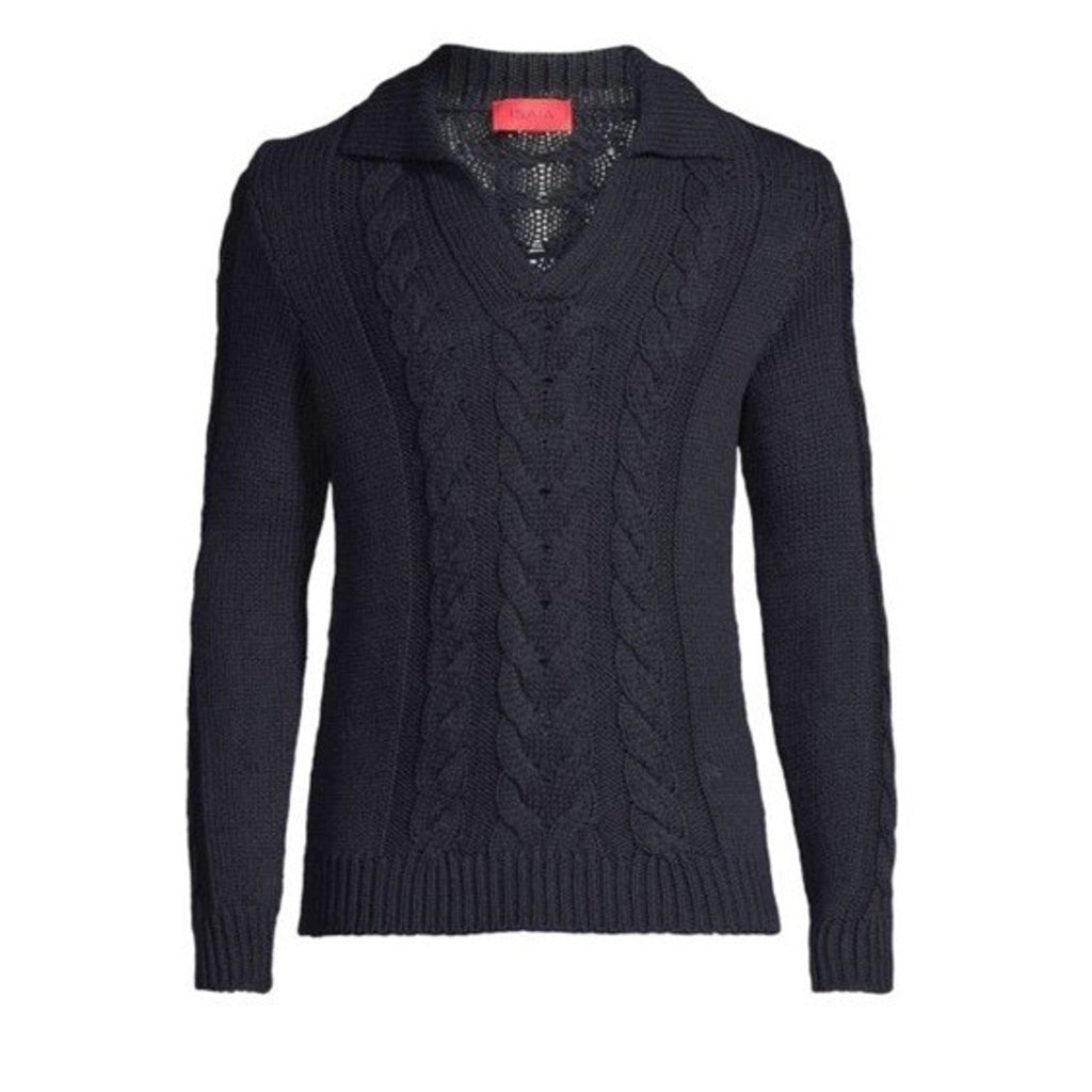 $1795 Isaia Men Silk & Cotton-Blend Cable-Knit Polo Sweater Navy XXL