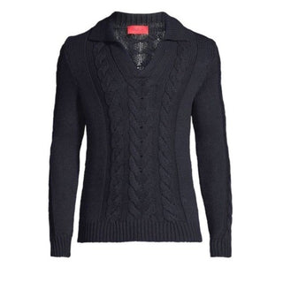 $1795 Isaia Men Silk & Cotton-Blend Cable-Knit Polo Sweater Navy XXL