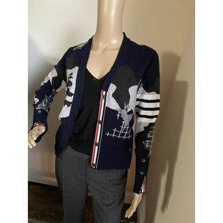New $1800 Thom Browne Forest Scenery Intarsia Cashmere Cardigan Navy 40/4