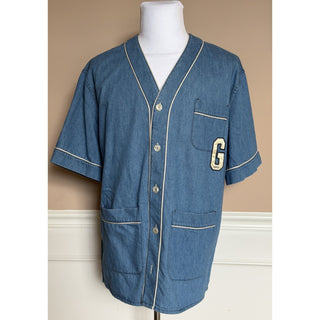 Gucci Varsity G Patch Denim Shirt Bright Blue Men 48 Euro (Oversized) 753105 NWT