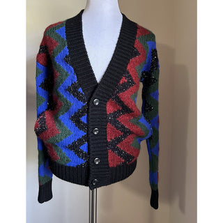 Saint Laurent Men cardigan in zig zag jacquard Black/Red/Multi S New $1550