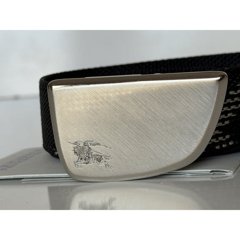 Burberry Silver Metal Buckle Shield Webbing Black Belt 105/42 8087708 NWT $490