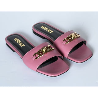 Versace Icon Chain Leather Slide Sandals Strawberry Jam 7 US 37 Eu 1022706 NIB