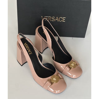 Versace Medusa Head Sling Back Patent Leather Nude Shoes 8 US 1014618 NIBWD