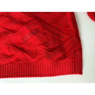 Versace Greca Knit Wool Sweater Red 58 (3XL) Made in Italy 1008473 NWTWD $1175